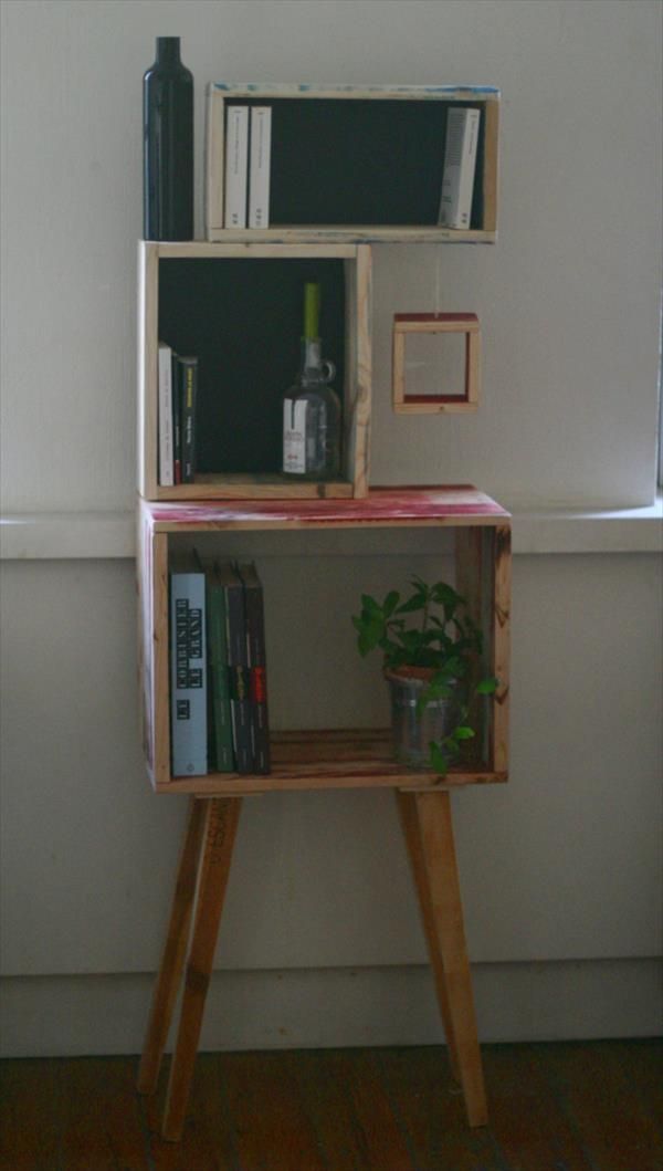 wooden pallet console with art style shelves