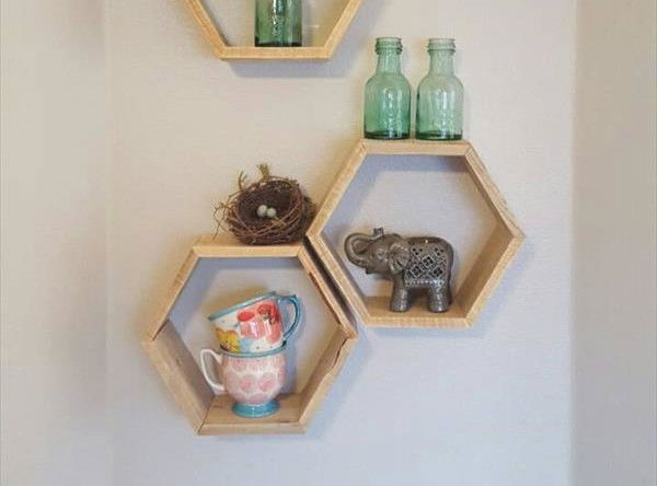 recycled pallet hexagon display shelves